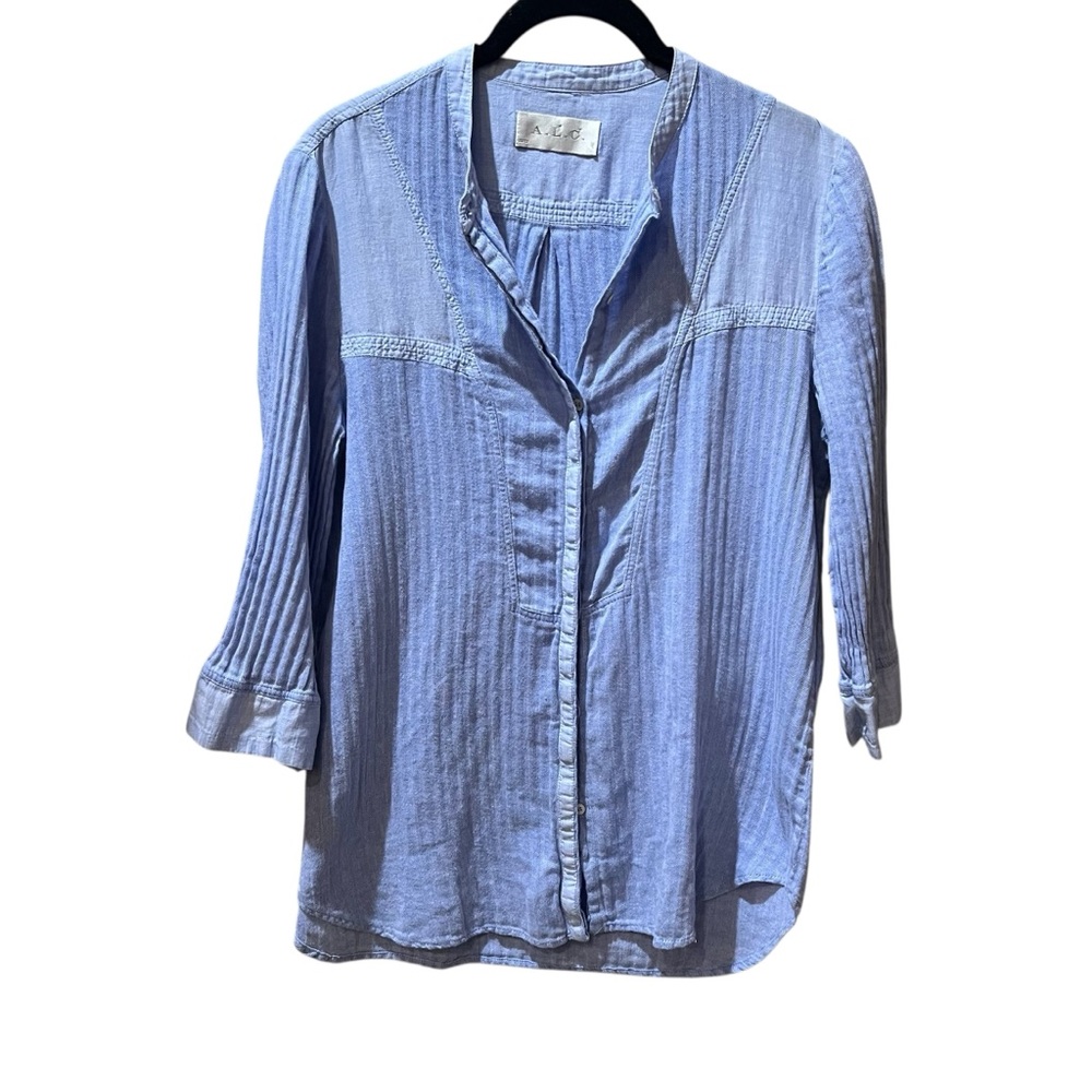 ALC Blue Button Down Ribbed Cotton Shirt Mandarin Collar Size Medium‎